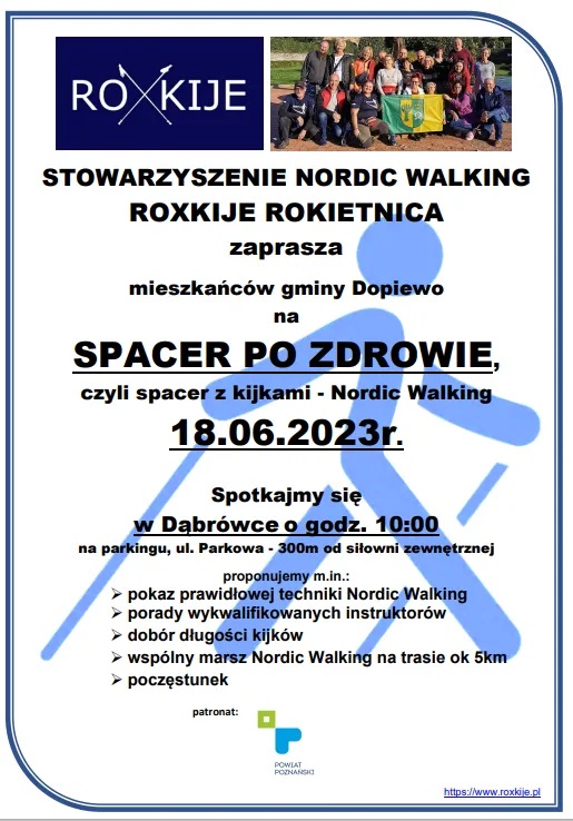 Zaproszenie na spacer Nordic Walking w Dąbrówce 18.06.2023r. o godzinie 10:00 przy siłowni na ul. Parkowej